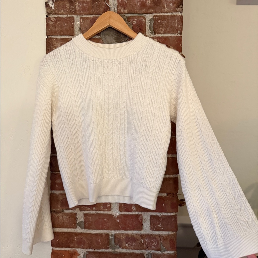 Sezane Ivory Cable-Knit Crew Sweater